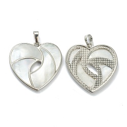 White Shell Natural White Shell Pendants, with Platinum Plated Brass Findings, Heart, 34.5x35x2.5~3mm, Hole: 8x5mm
