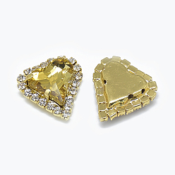 Topaz Sew on Rhinestone, Multi-strand Links, Glass Rhinestone, with Light Gold Tone Brass Prong Settings, Garments Accessories, Heart, Topaz, 18x17x6mm, Hole: 0.8mm