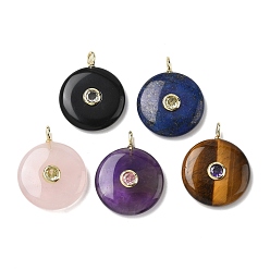 Смешанные камни Природные каменные смешанные подвески, плоские круглые подвески с латунной микропаве из кубических цирконий случайных цветов, золотые, смешанные окрашенные и неокрашенные, 31~31.5x25x7 мм, отверстие : 2x3 мм