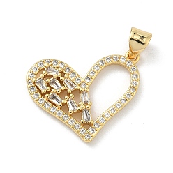 Настоящее золото 18K Латунные микропаве прозрачные подвески с фианитом, долговечный, стойки покрытие, без свинца и без кадмия, шарма сердца, реальный 18 k позолоченный, 18.5x22x3 мм, отверстие : 4.5x3.5 мм