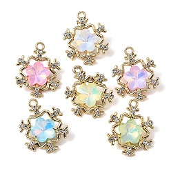 Golden UV Plating Alloy Glass Pendants, Snowflake Charm, with Rhinestone, Faceted, Mixed Color, Golden, 23.5x19.5x7.5mm, Hole: 1.8mm