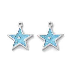 Светло-Голубой 304 из нержавеющей стали шармы эмали, цвет нержавеющей стали, звезда очарование, Небесно-голубой, 13x12x1.5 мм, отверстие : 1 мм