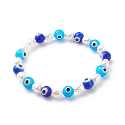 Colorful Lampwork Evil Eye & Plastic Pearl Stretch Bracelet for Women, Colorful, Inner Diameter: 2-1/8 inch(5.5cm)