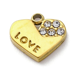 Настоящее золото 18K Вакуумное покрытие pvd 304 подвески из нержавеющей стали со стразами, любовные сердечные прелести, День святого Валентина, реальный 18 k позолоченный, 7.5x8x1.5 мм, отверстие : 1 мм