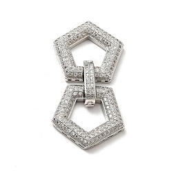Platinum Brass Micro Pave Clear Cubic Zirconia Fold Over Clasps, Cadmium Free & Lead Free, Pentagon, Platinum, 44x22x6mm, Hole: 0.5x2mm