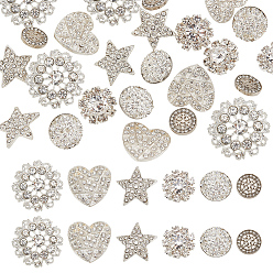 Платиновый & Серебристый 24шт 6 стиль 1-отверстие сплав и латунные пуговицы со стразами на ножке, с полимерной глиной горный хрусталь, разнообразные, Платина и серебро, 12~23x12~23x6~9.5 мм, отверстие : 1~2.4 мм, 4 шт / стиль