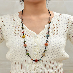 Цветок Богемные длинные ожерелья ручной работы из цветного фарфора с бусинами из вощеного шнура для женщин, цветок, 34.65 дюйм (88 см)