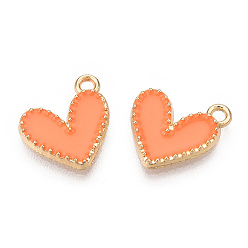 Coral Alloy Enamel Charms, Cadmium Free & Nickel Free & Lead Free, Light Gold, Heart Charm, Coral, 14x13.5x2mm, Hole: 1.5mm