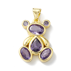 Средний Фиолетовый Стойка металлическая латунная микропрофилированная кубическая циркония подвески, без свинца и без кадмия, медведь очарование, реальный 18 k позолоченный, средне фиолетовый, 20x14.5x3 мм, отверстие : 4x3 мм