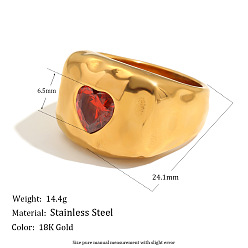 Real 18K Gold Plated 304 Stainless Steel Cubic Zirconia Finger Rings, Heart, Real 18K Gold Plated, US Size 7(17.3mm)