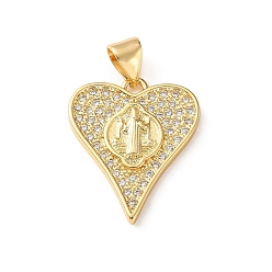Real 18K Gold Plated Brass Micro Pave Clear Cubic Zirconia Pendants, Heart with Jesus Charms, Cadmium Free & Lead Free, Rack Plating, Long-Lasting Plated, Real 18K Gold Plated, 21x17x2mm, Hole: 4x3.5mm