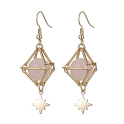 Розовый Кварц Естественно выросли болтаться серьги кварцевые, Золотые длинные серьги-капли со звездами из нержавеющей стали 304, 56x18.5 мм