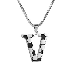 Letter V 201 Кулон-подвеска из нержавеющей стали с инициалом футбольного мяча для мужчин и женщин, цвет нержавеющей стали, белого и черного, Буква V, 23.62 дюйм (60 см), Кулон : 30x25 мм