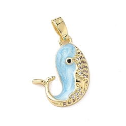 Светло-Голубой Латунные микро проложить кубического циркония подвески, кит, Эмаль стиле, реальный 18 k позолоченный, Небесно-голубой, 14x19x4.5 мм, отверстие : 4x3 мм
