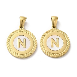 Letter N Ионное покрытие (ip) 304 подвески из нержавеющей стали, плоские круглые подвески-ракушки с буквой, золотые, Письмо N, 20.5x17.5x1.5 мм, отверстие : 2.5x4.5 мм