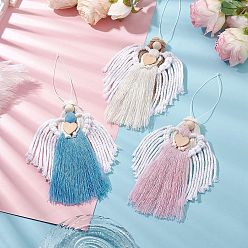 Mixed Color 3Pcs 3 Colors Handmade Macrame Cotton Angel Hanging Ornaments, with Wood Beads, Mixed Color, 250~255mm, 1pc/color
