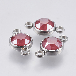 Red K9 Glass Links connectors, Faceted, with 304 Stainless Steel Findings, Flat Round, Stainless Steel Color, Red, 17.5x10x6mm, Hole: 2.5mm
