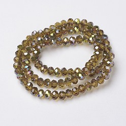 Dark Goldenrod Electroplate Transparent Glass Beads Strands, Half Green Plated, Faceted, Rondelle, Dark Goldenrod, 3x2mm, Hole: 0.8mm, about 150~155pcs/strand, 15~16 inch(38~40cm)