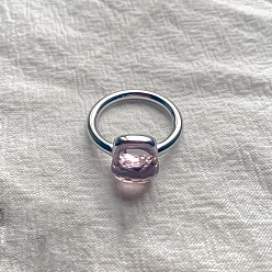 Pink Квадратный 304 нержавеющая сталь со стеклянными кольцами для пальцев, цвет нержавеющей стали, розовые, 10 мм, размер США 8 (18.1 мм)