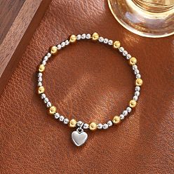 Сердце 304 из нержавеющей стали шарм браслеты, круглые бусины эластичные браслеты для женщин, золотые и нержавеющая сталь цвет, сердце, внутренний диаметр: 2.36 дюйм (6 см)