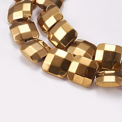 Golden Plated Electroplated Non-magnetic Synthetic Hematite Beads Strands, Faceted, Square, Golden Plated, 10x10x4mm, Hole: 1mm, about 40pcs/strand, 15.9 inch(40.5cm)