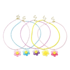 Mixed Color Acrylic Flower Pendant Necklace with Glass Beaded Chains, Mixed Color, 15.87 inch(40.3cm)
