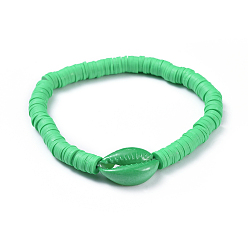 Зеленый Стрейч браслеты, с аэрозольной краской бусины из ракушек и бусины из хеши из полимерной глины ручной работы, зелёные, 2 дюйм (5.2 см)