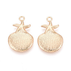 Light Gold Стойки подвески обшивки сплава, Подвески в форме морских звезд и ракушек, золотой свет, 34x22x4.5 мм, отверстие : 3 мм