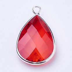 Orange Red Silver Color Plated Brass Glass Teardrop Pendants, Faceted, Orange Red, 18x10x5mm, Hole: 2mm