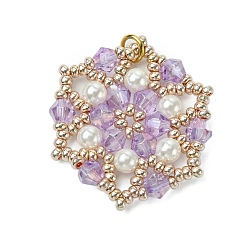 Plum Glass Seed Beaded Flower Pendants, with Glass & Shell Pearl Beads & Loop, Plum, 29.5x27x4.5mm, Hole: 3.5mm