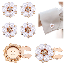Light Gold Alloy Rhinestone Cufflinks, with Imitation Pearl Beads, Flower, Light Gold, 26x13mm