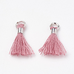 Серо-розавый Кулон с кисточкой из поликоттона (полиэстер), мини-кисточка, с латунными застежками и железными кольцами, платина, увядшая роза, 10~15x3~4 мм, отверстие : 2 мм