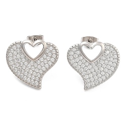 Platinum Brass Pave Cubic Zirconia Stud Earrings, Heart, Platinum, 17x19mm