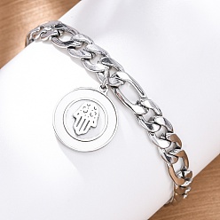 Нержавеющая Сталь Цвет 304 браслеты из нержавеющей стали с плоским круглым плетением и подвесками в виде хамсы, браслеты из цепочек панцирного плетения для женщин, с оболочкой, цвет нержавеющей стали, 6-7/8 дюйм (17.6 см)