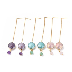 Mixed Stone Dangle Earrings, with Natural Mixed Gemstone Beads, Opaque Glass Beads and Brass Ear Threads, Faceted, Flat Round, 84~86mm, Pin: 0.7mm