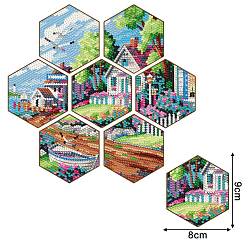 Andere DIY Cup Mats Diamond Painting Kits, einschließlich sechseckiger Untersetzer, Harz Strasssteine, Diamant klebriger Stift, Tablettplatte und Leimton, Landschaftsmuster, 90x80x3 mm, 7 Stück / Set