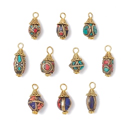 Mixed Shapes Подвески из Индонезии, с латунной фурнитурой и окрашенным синтетическим кораллом и бирюзой, разноцветные, античное золото , разнообразные, 19x8.5 мм, отверстие : 2.5 мм