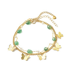 Agate+Crystal Natural Green Agate Beads Anklets Set for Girl Women, Butterfly Charms Anklets, 8-7/8 inch(22.5cm), 9-1/8 inch(23cm), 2pcs/set