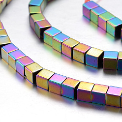 Rainbow Plated Electroplate Magnetic Synthetic Hematite Bead Strands, Grade A, Cube, Multi-color Plated, 4x4x4mm, Hole: 1mm, about 125pcs/strand, 15.7 inch(40cm)