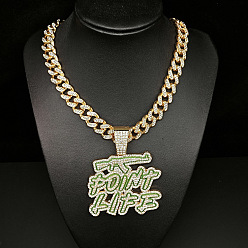Золотой Подвеска в стиле хип-хоп из цинкового сплава, полностью покрытая кристаллами и стразами, эмаль, зеленая надпись «жизнь», кубинская цепочка для мужчин., золотые, 19.69 дюйм (50 см)