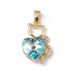 Turquoise Pálido Colgantes de circonita cúbica transparente micro pavé de latón chapado en oro real 18k, con vidrio, larga duración plateado, sin plomo y cadmio, encanto de gato con corazón, turquesa pálido, 24x15x8 mm, agujero: 5x3 mm