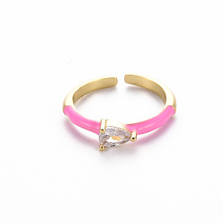 Pearl Pink Brass Enamel Cuff Rings, Open Rings, Solitaire Rings, with Clear Cubic Zirconia, Nickel Free, Teardrop, Golden, Pearl Pink, US Size 7(17.3mm)