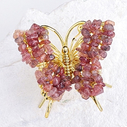 Клубничный Кварц Сырая натуральная клубничная кварцевая крошка, минеральные украшения для образцов, с металлическим держателем-бабочкой, украшение для домашнего рабочего стола по фэн-шуй, 65x75 мм