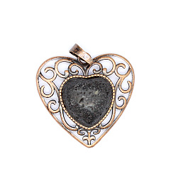 Лавовый камень Ретро полые подвески из натуральной лавы, Сердце подвески, с красной медной металлической фурнитурой, 30x30x8 мм