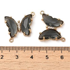 Gray Brass Pave Faceted Glass Connector Charms, Golden Tone Butterfly Links, Gray, 20x22x5mm, Hole: 1.2mm