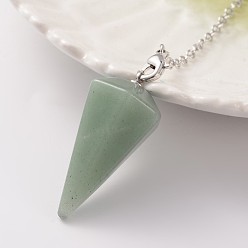 Green Aventurine Platinum Tone Brass Green Aventurine Cone Hexagonal Pointed Dowsing Pendulums, with Lobster Claw Clasps, 230x3mm