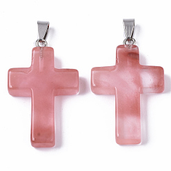 Вишневый Кварц Вишневое из кварцевого стекла подвески, со случайной защелкой из нержавеющей стали, крестик, 44~46x27~29x6~8 мм, отверстие : 4x8 мм
