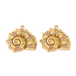 Rosa Claro 304 Colgantes del rhinestone del acero inoxidable, dijes con forma de concha de caracol, real 18 k chapado en oro, rosa luz, 22x25.5x5 mm, agujero: 1.6 mm