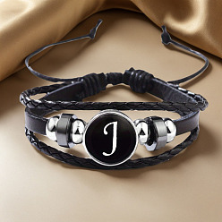 Letter J Регулируемые многослойные браслеты из искусственной кожи, браслеты из латунных стеклянных бусин, плоские круглые с буквы, платина, буква J, 7-1/8~9-1/8 дюйм (18~23 см)