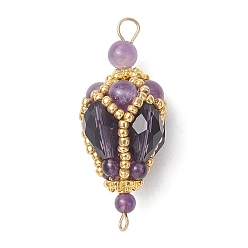 Аметист Богемные подвески из натурального аметиста круглой формы с звеньями в виде капель из стеклянных бусин., золотые, 42~42.5x20~20.5 мм, Отверстие : 1.8 мм & 2.5 мм